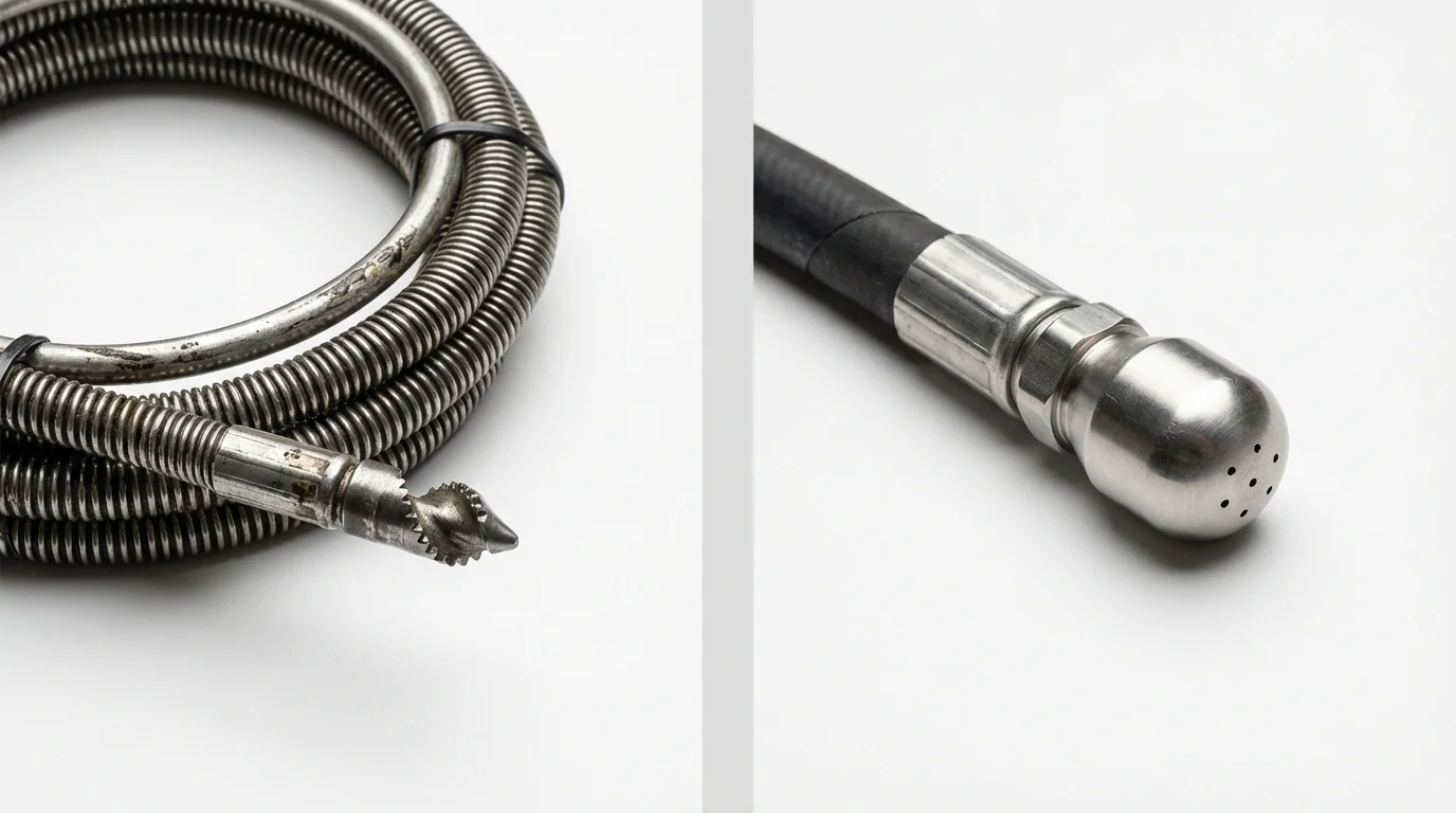 Drain snake cable and hydro jetting nozzle used for drain cleaning in Springfield, GA
